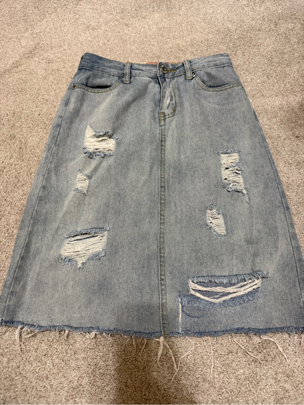 Light Blue Distressed Denim Skirt - Women's